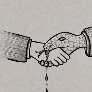 Op de afbeelding: Een zwart-wit potloodschets van een handdruk tussen een menselijke hand in een mouw van een pak en een figuur met een slangenkop in een mouw van een pak. De slangenkop heeft een gespleten tong waar vloeistofdruppels vanaf vallen.