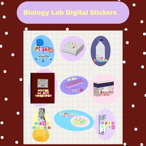 May include: A collection of digital stickers titled Biology Lab Digital Stickers, featuring illustrations of lab equipment including a chair, box, bottle, notebook, keyboard, container, flask, and cuvette, each with colorful lettered text labels.