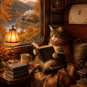 Pode incluir: Um gato malhado usando um cachecol de tricô grosso está sentado em um assento de trem lendo um livro. Ao lado do gato há uma mesa com uma luminária acesa, uma caneca e uma pilha de três livros intitulados The Enchanted Forest, Oliver Twist e Leaves of Memory.