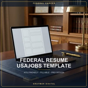 Pode incluir: Uma tela de laptop exibe um layout de documento digital com espaços reservados retangulares para texto. A tela mostra o texto FEDERAL CAREER, FEDERAL RESUME USAJOBS TEMPLATE, ATS FRIENDLY - FILLABLE - PRO DESIGN e GRAYMAN DIGITAL.