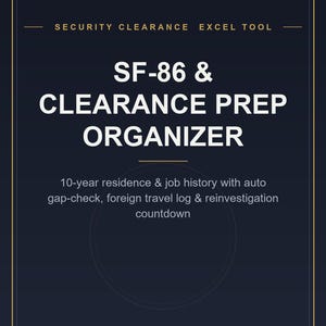 Könnte beinhalten: Ein dunkelblaues digitales Dokument mit dem Titel Security Clearance Excel Tool, SF-86 & Clearance Prep Organizer. Es enthält Text, der eine 10-jährige Wohn- und Arbeitsgeschichte mit automatischer Lückenprüfung und Reise-Logbuch beschreibt.
