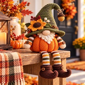 May include: A crochet gnome figurine featuring a large orange pumpkin body, a green pointed hat adorned with a sunflower and an acorn, a white beard, and long striped legs ending in brown curled boots with small wooden buttons on the sleeves and feet.