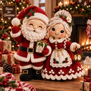Puede incluir: Dos muñecos de ganchillo que representan a Santa Claus y a la Señora Claus. Santa viste un traje rojo con ribetes blancos, cinturón negro y sostiene un regalo verde con una etiqueta que dice Merry Christmas. La Señora Claus lleva una linterna.
