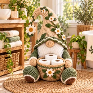 May include: A crochet gnome figurine in beige and green, featuring a tall pointed hat adorned with white daisy appliqués and green leaves. The gnome has a white faux fur beard and holds a matching crochet basket containing three toilet paper rolls.