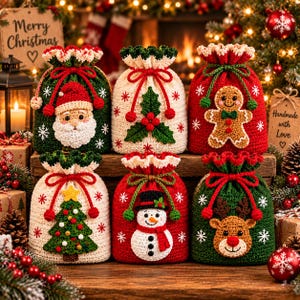 May include: Six crocheted drawstring gift bags featuring festive holiday designs including Santa Claus, holly leaves, a gingerbread man, a Christmas tree, a snowman, and a reindeer. Each bag is decorated with white snowflake patterns.