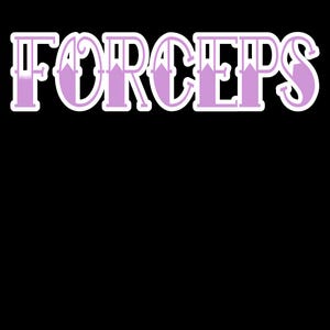 May include: The word FORCEPS is written in a stylized, bold, serif font. The letters are a light lavender color with a white outline, set against a solid black background. The design features a gradient effect within each letter.