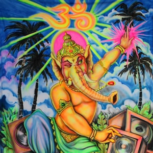 Dj Ganesha in Goa UV trippy beach music party festival decoration wall hanging Neon backdrop