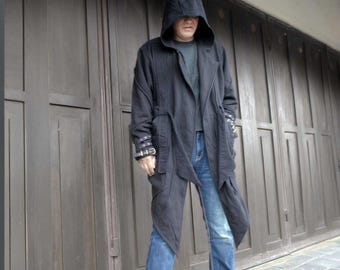 Saracen Jacket ~ Black Hooded Men's oversized Hood, Cyberpunk Streetwear Coat, Hood Gothic Cardigan