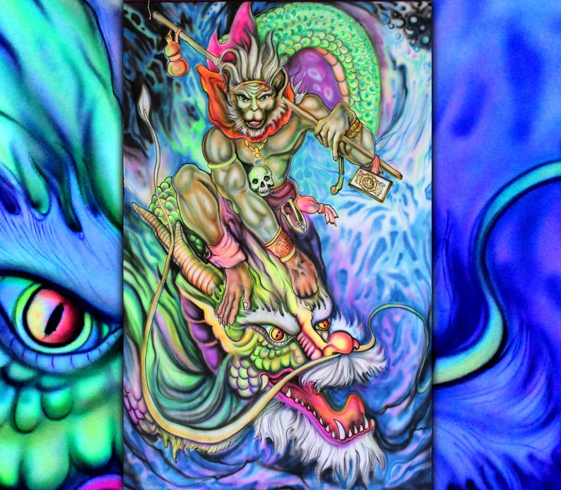 Hanuman / Sun Wukong fly the Dragon - 7.6ft UV party backdrop neon colored - airbrush by shops hand art