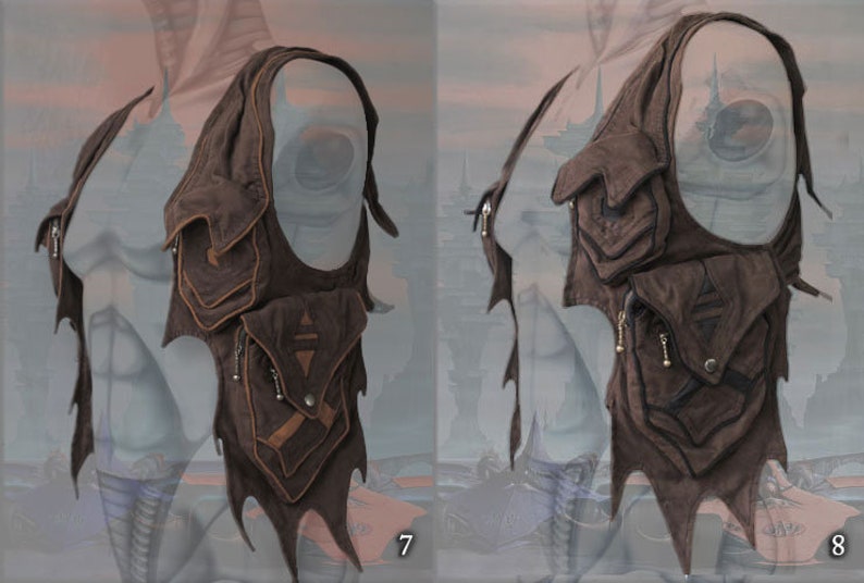 May include: A brown leather vest with multiple pockets and a fringed design. The vest has a tribal-inspired pattern and is decorated with metal accents.