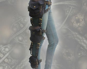 Trail Tracker Belt - tactical triple leg fanny pack - cosplay steampunk style hip waist pocket thigh bag