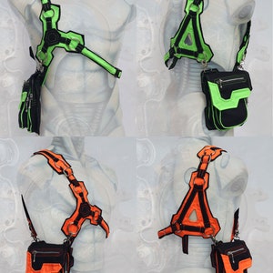 Pode incluir: Dois estilos diferentes de arn&ecirc;s de peito preto e verde neon ou laranja com uma bolsa preta presa ao lado. Os arn&ecirc;s s&atilde;o feitos de correias e t&ecirc;m an&eacute;is e fivelas de metal. As bolsas t&ecirc;m fecho de correr e um pequeno bolso na frente.