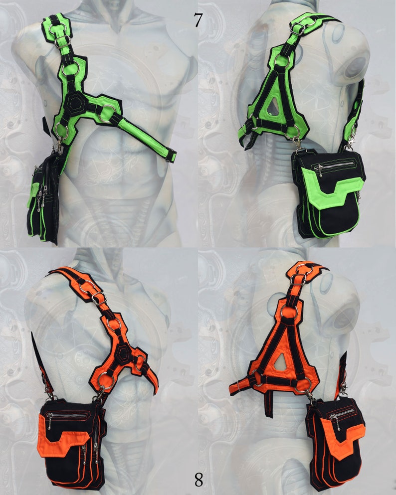 Pode incluir: Dois estilos diferentes de arn&ecirc;s de peito preto e verde neon ou laranja com uma bolsa preta presa ao lado. Os arn&ecirc;s s&atilde;o feitos de correias e t&ecirc;m an&eacute;is e fivelas de metal. As bolsas t&ecirc;m fecho de correr e um pequeno bolso na frente.