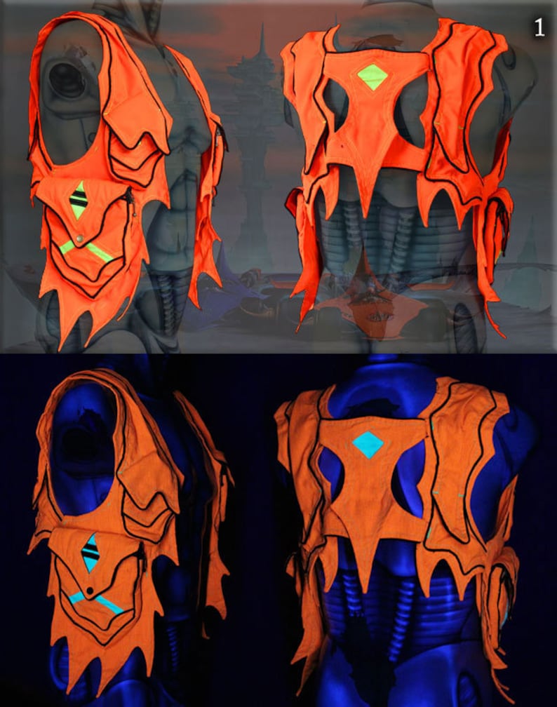 May include: A bright orange vest with black trim and neon green accents. The vest has a unique, jagged design and is shown on a mannequin in both regular and blacklight lighting.