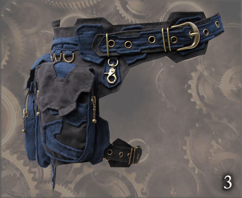 Pasek Mechaniczny w stylu steampunkowym, pas biodrowy z kieszenią na udzie 3. black-navy