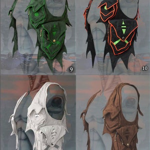 May include: Four different styles of fabric vests with multiple pockets and a unique, jagged, wing-like design. The vests are in green, black, white, and brown.