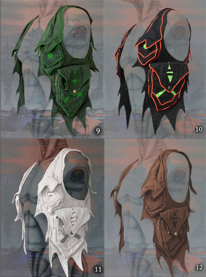 May include: Four different styles of fabric vests with multiple pockets and a unique, jagged, wing-like design. The vests are in green, black, white, and brown.