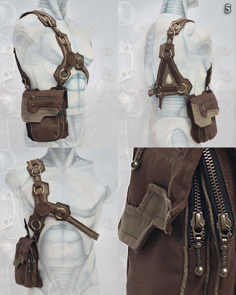 Pode incluir: Um colete de peito de couro castanho com um bolso grande e dois bolsos menores. O colete tem uma correia que passa por cima do ombro e uma fivela que fecha no peito. O colete &eacute; feito de um material dur&aacute;vel e tem um design elegante.
