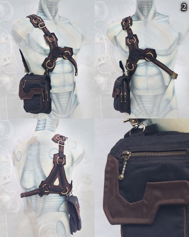 Pode incluir: Um arn&ecirc;s de peito de couro preto e marrom com uma bolsa de lona preta anexada. O arn&ecirc;s tem v&aacute;rias correias e fivelas, e a bolsa tem um fecho de correr e um pequeno bolso. O arn&ecirc;s &eacute; usado em um manequim.