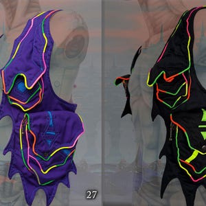 May include: Two vests with a unique design featuring a layered, geometric pattern with neon accents. The vest on the left is purple with pink, green, and blue neon accents. The vest on the right is black with green, orange, and pink neon accents.