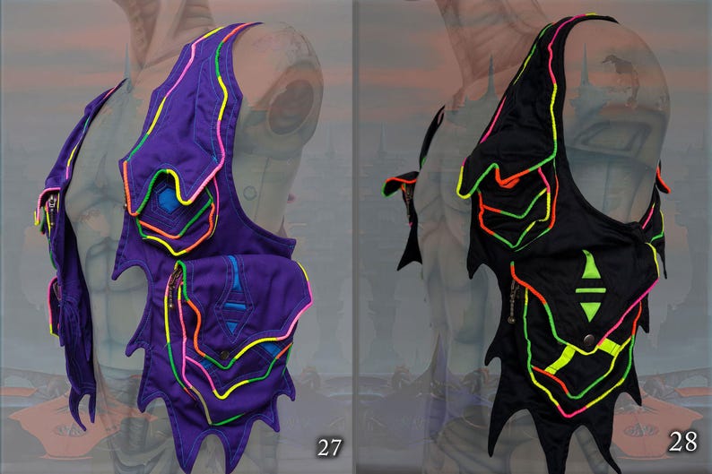 May include: Two vests with a unique design featuring a layered, geometric pattern with neon accents. The vest on the left is purple with pink, green, and blue neon accents. The vest on the right is black with green, orange, and pink neon accents.
