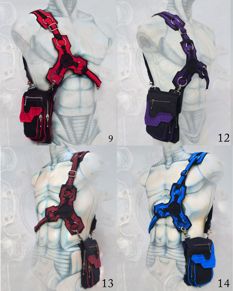 Pode incluir: Quatro estilos diferentes de bolsas de ombro de lona preta e couro com al&ccedil;as ajust&aacute;veis. Cada bolsa tem um acento de cor diferente: vermelho, roxo, preto e azul. As bolsas s&atilde;o usadas por manequins com corpos pintados.