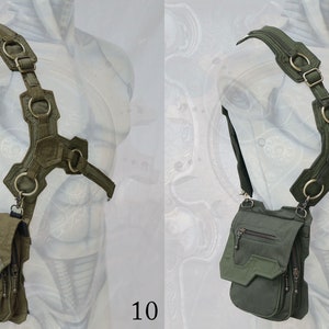 Pode incluir: Duas bolsas de ombro de lona verde com al&ccedil;as ajust&aacute;veis e v&aacute;rios bolsos. As al&ccedil;as t&ecirc;m an&eacute;is e fivelas de metal. As bolsas t&ecirc;m um design geom&eacute;trico.