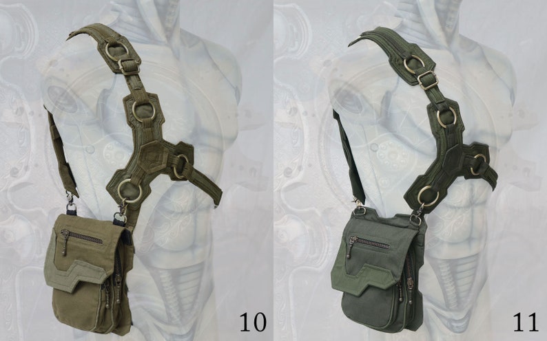 Pode incluir: Duas bolsas de ombro de lona verde com al&ccedil;as ajust&aacute;veis e v&aacute;rios bolsos. As al&ccedil;as t&ecirc;m an&eacute;is e fivelas de metal. As bolsas t&ecirc;m um design geom&eacute;trico.