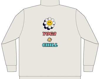 Sudadera con cremallera de un cuarto — Yoga & Chill Sudadera relajada con estampado de margarita sonriente