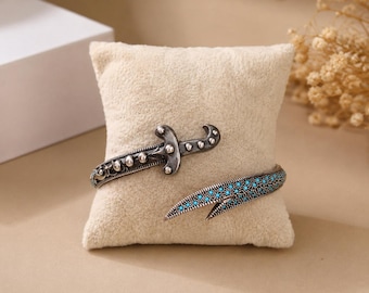 Sterling Silver Zulfiqar Bracelet | Oxidized Turquoise Open Bangle