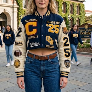 Cropped Varsity Bomber Jacket Women Custom Chenille Patches & Embroidered Letterman Vintage Style Streetwear Coat