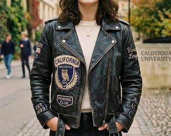 Personalized Leather Moto Jacket Women Custom Chenille Patches & Embroidered Vintage Streetwear Jacket  Gift For Her