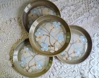 Set of 4 Vintage French Stoneware Side Plates. Hand Thrown with Hand Painted Floral Pattern. Stamped MBFA Pornic. 2 x 4 Plates Available.