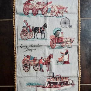 Vintage Early Australian Transport Kitchen Cloth Greetings from Gloucester N S W Gray Linen Piece Designed in Australia, by Ross. image 1