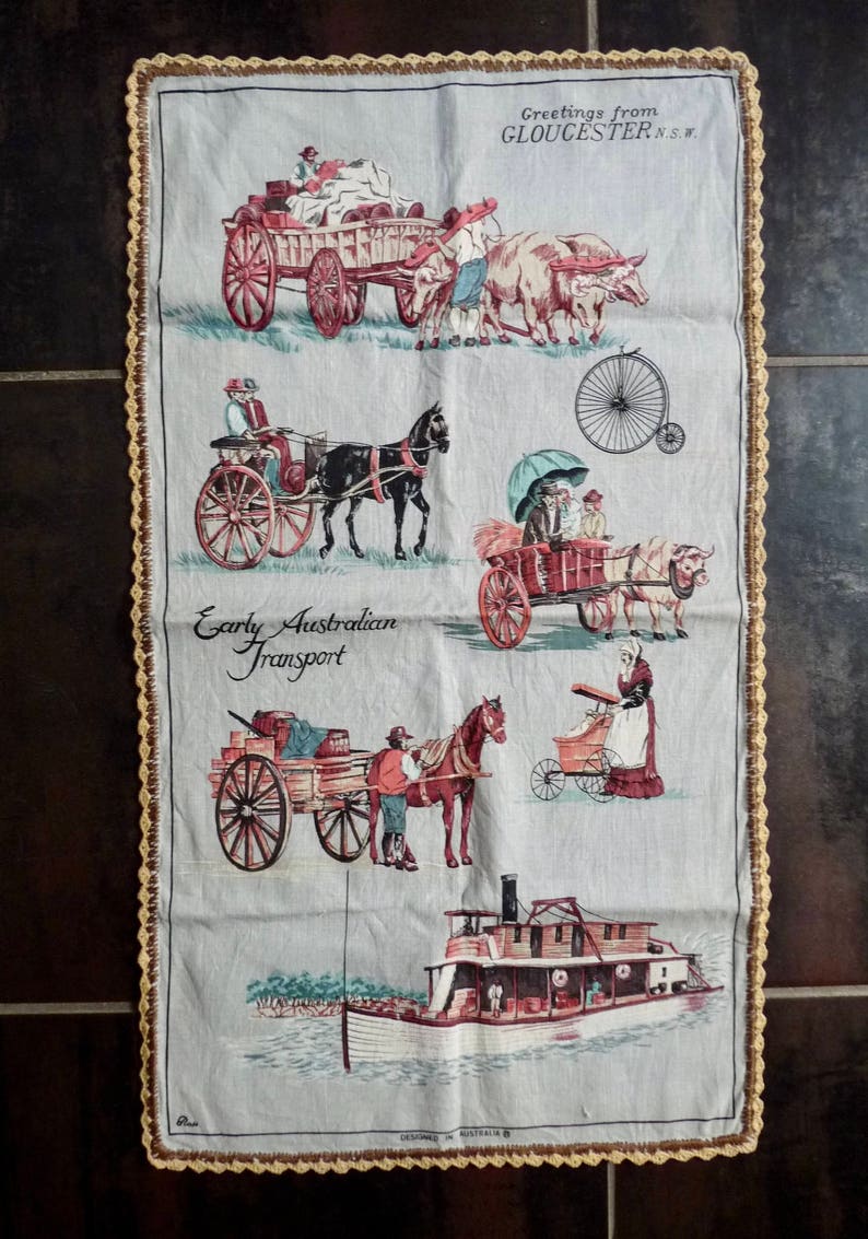 Vintage Early Australian Transport Kitchen Cloth Greetings from Gloucester N S W Gray Linen Piece Designed in Australia, by Ross. image 1