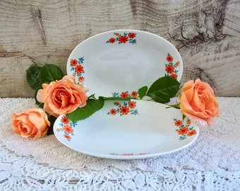 Vintage Pair of Serving Trays, Gray/ White Colored China with Orange Retro Floral Pattern, Oval Shaped Dishes. Stamped: Winterling, Germany.