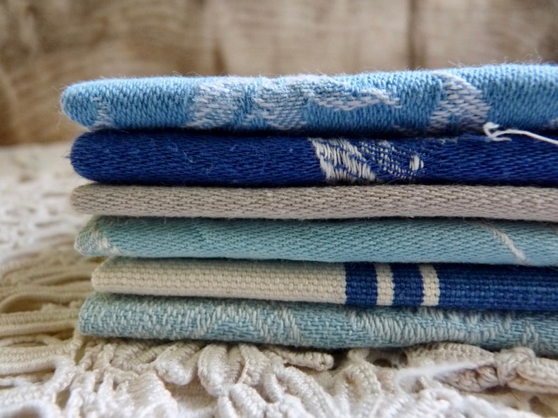 Set 38R: 6 Pieces Covers 0.80 m2. 6 Different Pieces Vintage French Damask and Striped Ticking Bundle in Shades of Blue