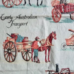 Vintage Early Australian Transport Kitchen Cloth Greetings from Gloucester N S W Gray Linen Piece Designed in Australia, by Ross. image 6