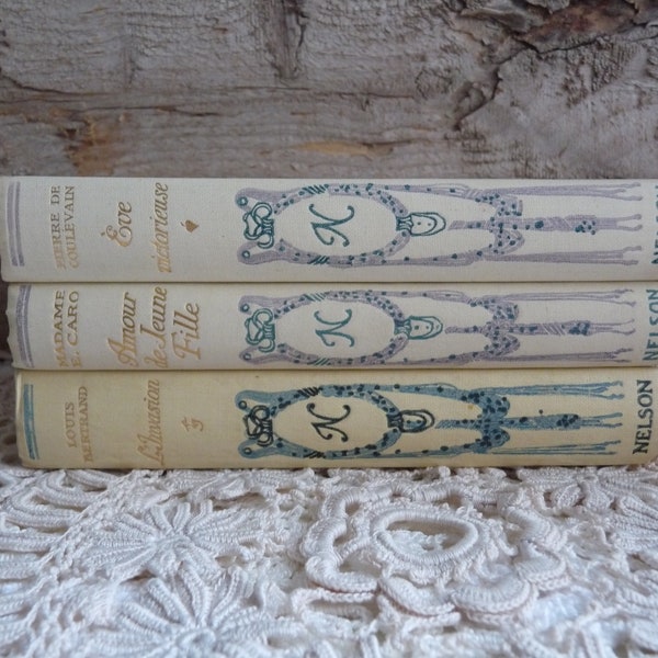 Set 183: Antique Set of 3 Nelson Books, Decorative Set of Cream Colored Books with Ornate Art Nouveau Cover and Gold Lettering, 1930s.