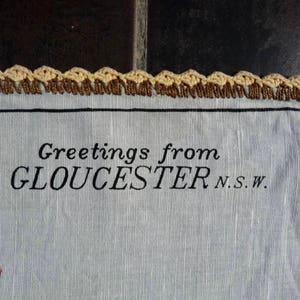 Vintage Early Australian Transport Kitchen Cloth Greetings from Gloucester N S W Gray Linen Piece Designed in Australia, by Ross. image 3