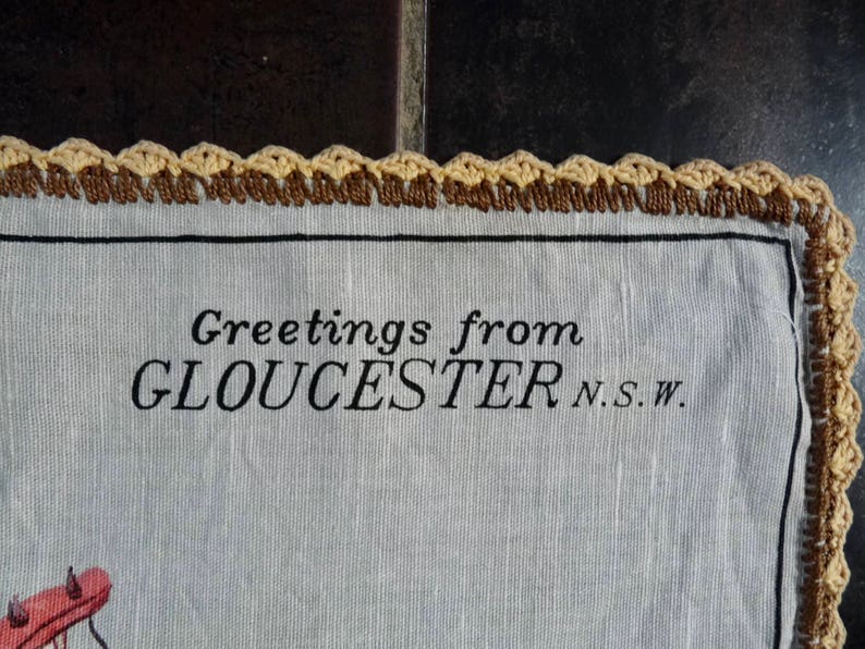 Vintage Early Australian Transport Kitchen Cloth Greetings from Gloucester N S W Gray Linen Piece Designed in Australia, by Ross. image 3