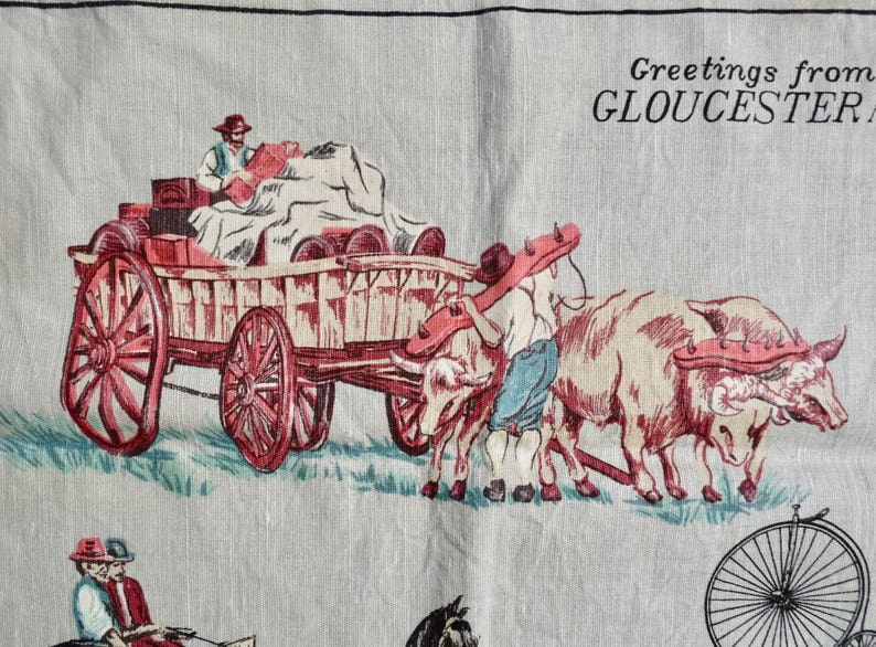 Vintage Early Australian Transport Kitchen Cloth Greetings from Gloucester N S W Gray Linen Piece Designed in Australia, by Ross. image 4