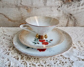 No 6: Vintage German Tea Trio. Tea Cup - Saucer - Cake Plate. White Porcelain with Red Roses and Gilded Pattern. Stamped Winterling.