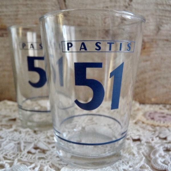 Vintage Pair of Pastis 51 Glasses, 2 original French Bistro Glasses with Dark Blue Logo.