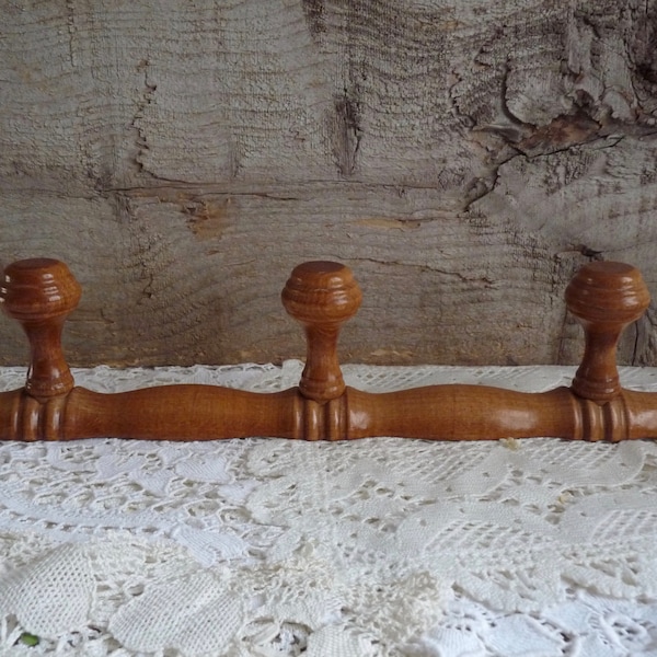 Vintage Oak Wooden Coat Rack with 3 Pegs. French Solid Wood Coat Hooks. Natural Varnished Wood. NOS.