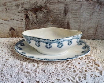 Antique French, Ceramic, Gravy or Sauce Boat with Blue Motif around the Edges. Stamped Terre de Feu de Grigny.