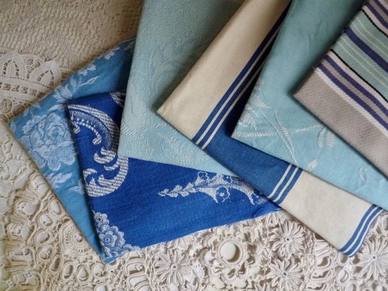 Set 38R: 6 Pieces Covers 0.80 m2. 6 Different Pieces Vintage French Damask and Striped Ticking Bundle in Shades of Blue