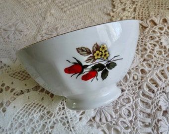 Vintage French, Ceramic Breakfast Bowl, White Bowl with Red Rose Pattern and Gold Rim. Cafe au Lait Bowl.