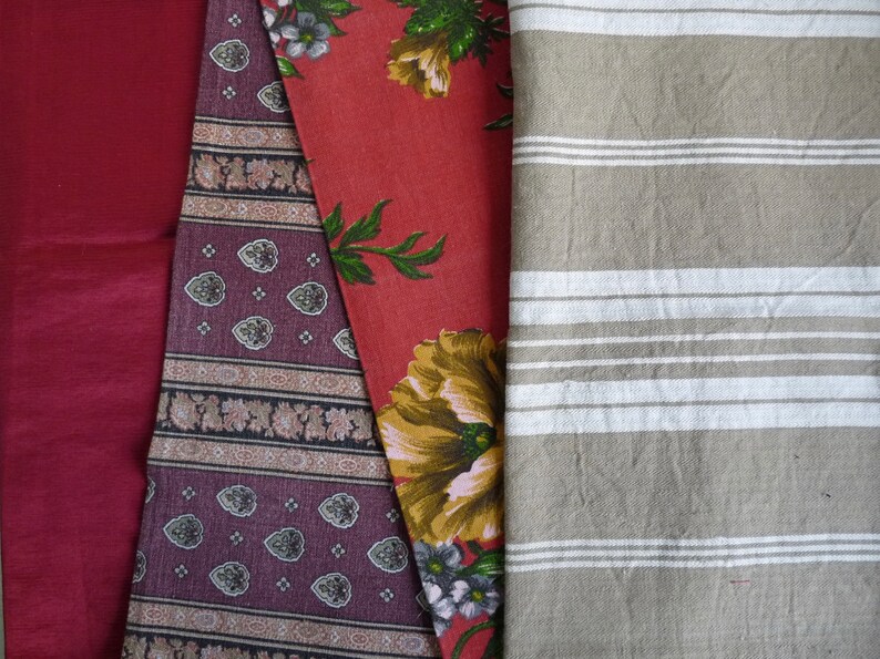 Beige and Brown Covers 1.9 m2. Set 27G: Vintage French Fabric Bundle 8 Different Pieces in Shades of Wine Red