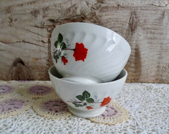 2 Vintage French, Porcelain Bowls, Small to Medium Sarreguemines Bowls with Red Rose Pattern on both Sides